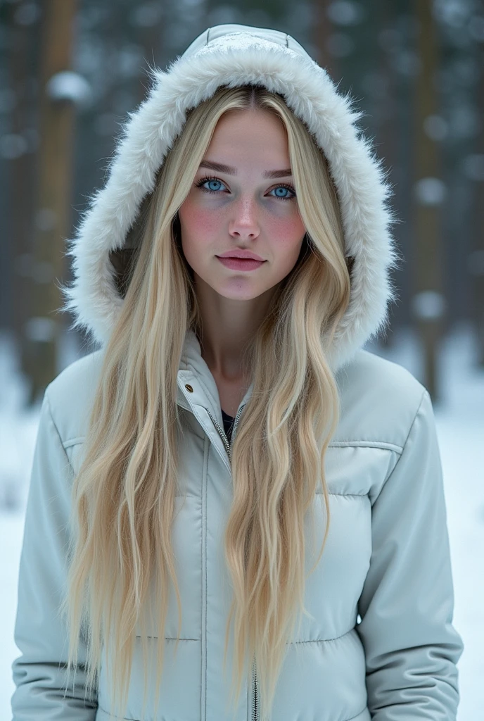 Create a realistic image of a 20 year old woman, long blond hair, blue eyes, cheekbones, ((full body)),disguised as a snow queen, background image: her garage, head feet, full body, hyper realistic photo