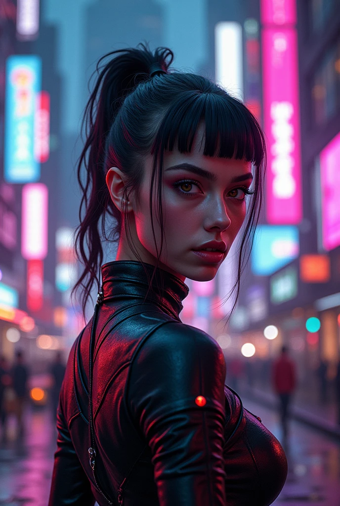 Cyberpunk city with neon colour with beautiful girl