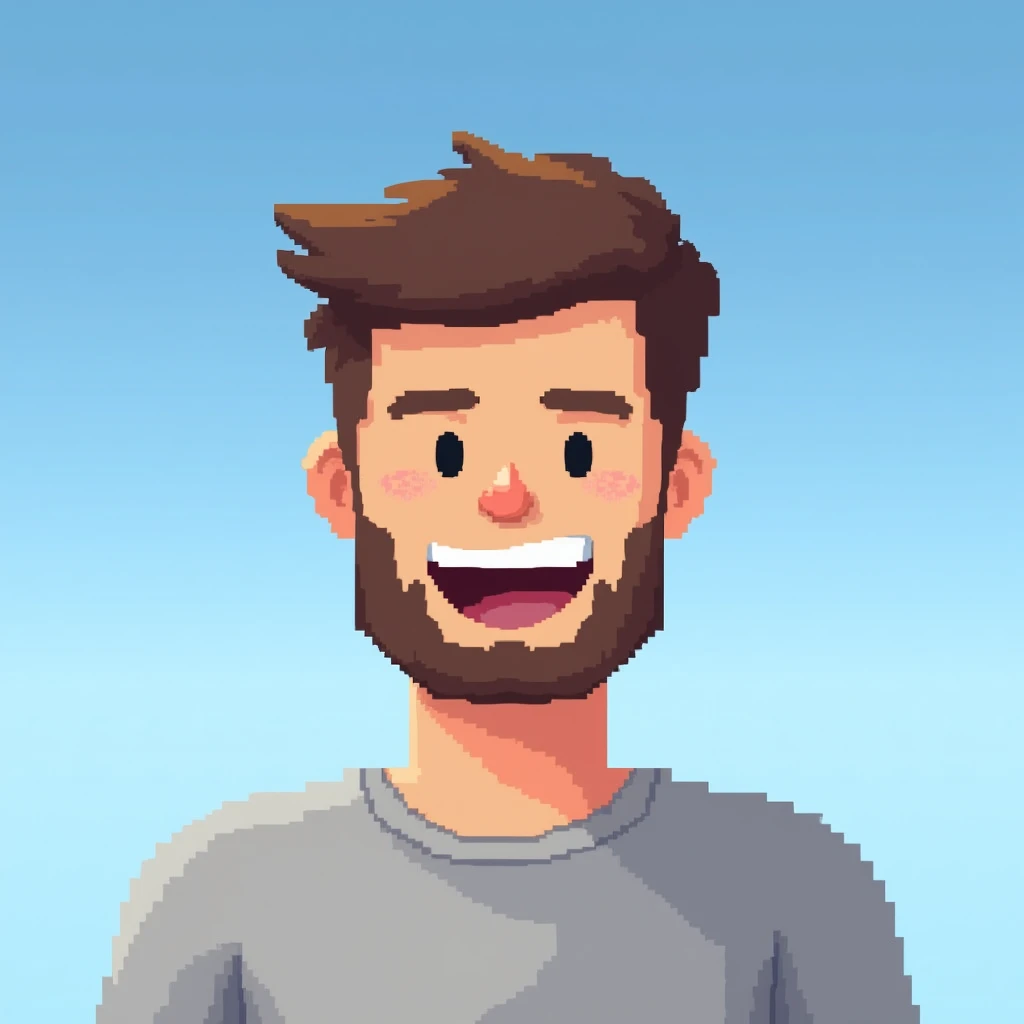 Create a pixel box art of a happy male with a blue sky in the background