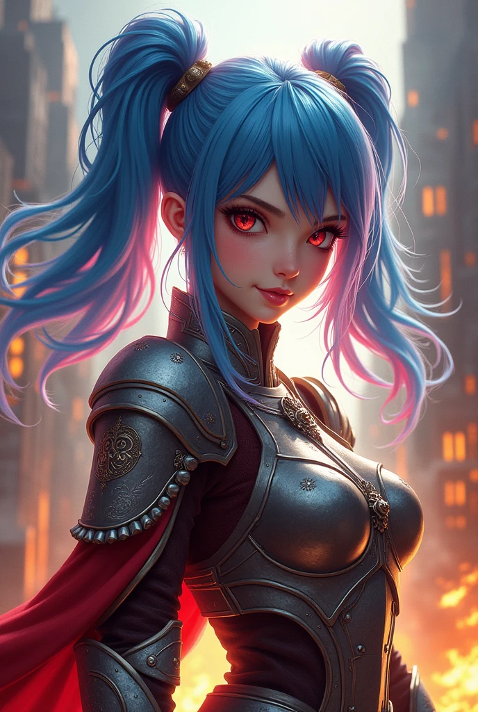 Highest quality, 4K, masterpiece, Very detailed, Attention to detail, One Girl, , peri, , Blue Hair, Hair on one eye, Multicolored Hair, Twin tails, Pink Hair, Red eyes, Two-tone hair, armor, smile, Burning city background