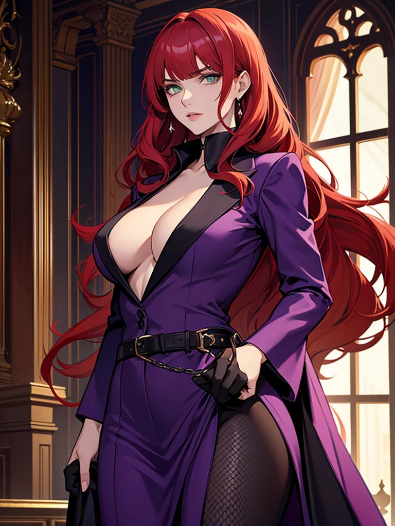 green eyes, red hair with long bangs, noble, mafia. sadistic women, wavy long hair. strong woman. background in luxury mansion. spy. purple outfit. she quiet