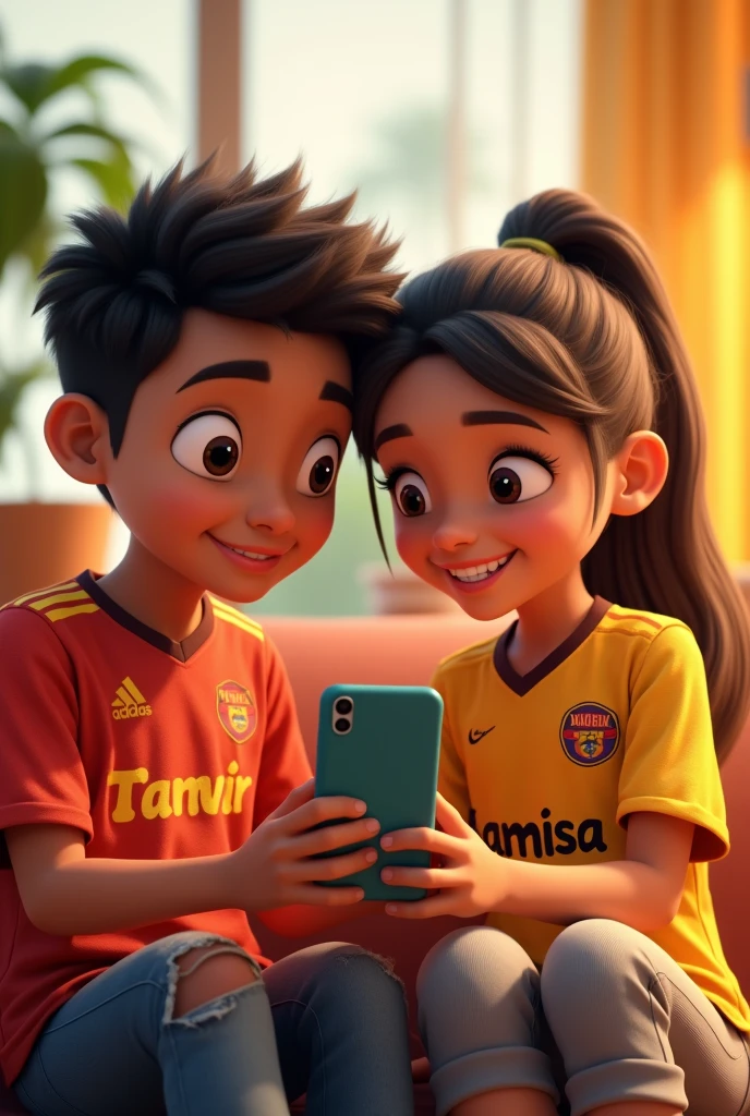 Create animation character 30 years old. Boy and his sister useing Mobile phone . His Jersey name Tanvir and her jersey name Lamisa.