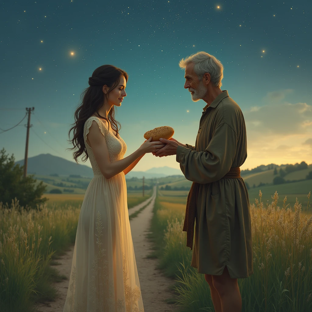 Young pretty girl in transparent nightgown, gives a small loaf of bread to a poor old man on the side of the road, Environment Field, starsky
