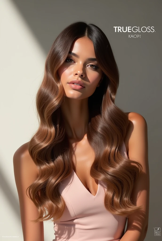 make an advertisement about a hair product called "TrueGloss" with a poster girl using it.
