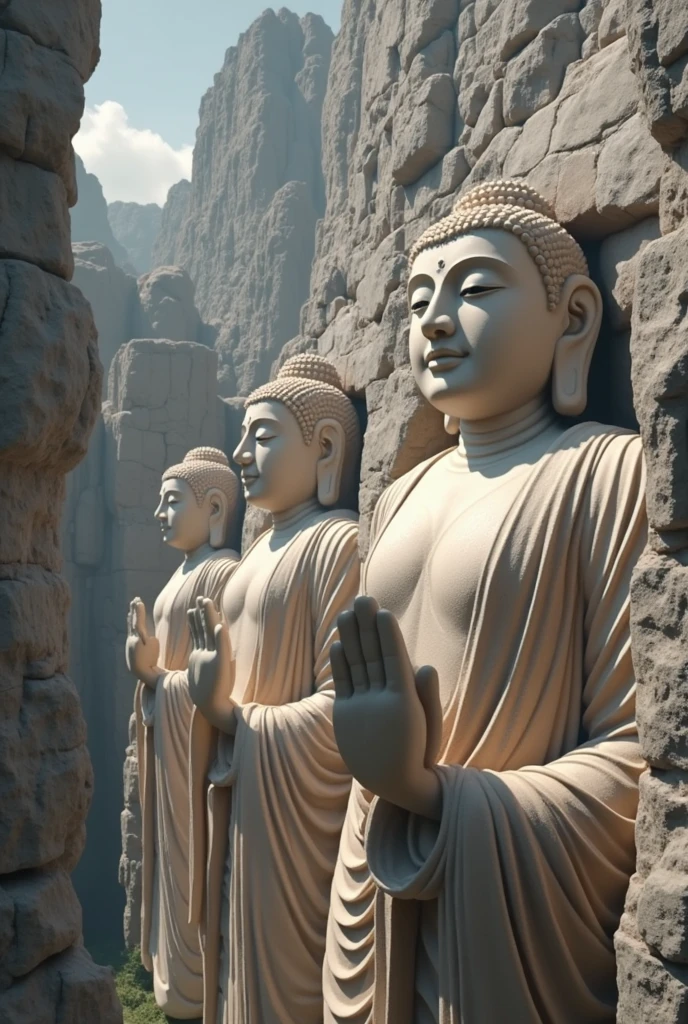 ((masterpiece, highest quality, Highest image quality, High resolution, photorealistic, Raw photo, 8K)), ((Extremely detailed CG unified 8k wallpaper)), Huge stone Buddha statues carved out of rocky mountains, stone Buddha statues, beautiful faces, view from below,