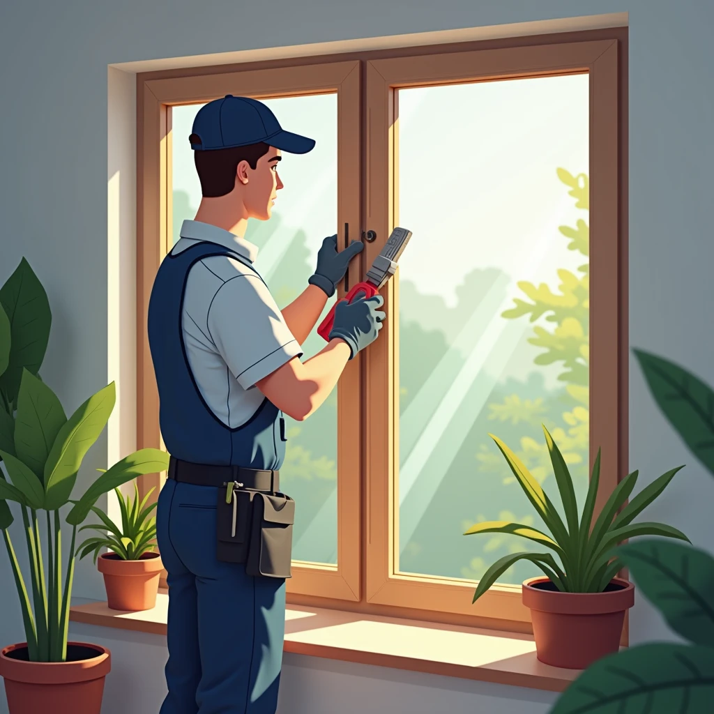 A professional window repair technician is carefully fixing a window mechanism in a residential setting. The image should depict the technician in a neat uniform, using specialized tools to adjust the window components. The setting should be bright and clean, emphasizing the quality and reliability of the service. The window should be modern, with clear glass, and the background could show a cozy interior or a view of a well-maintained outdoor area. The overall tone should convey professionalism, trustworthiness, and expertise in window repair services.