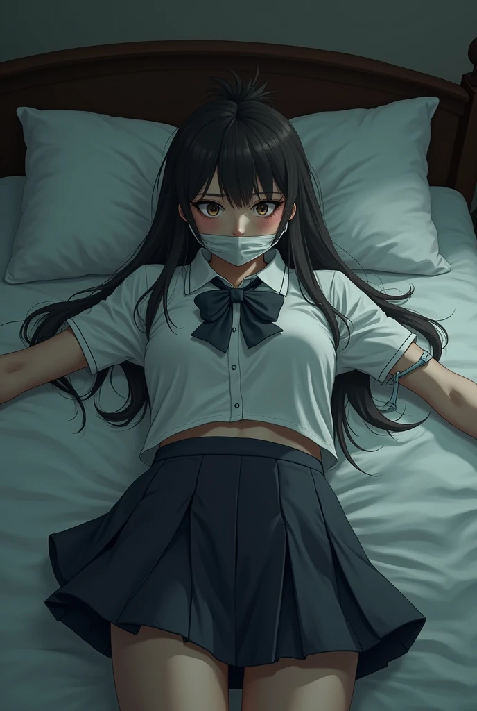 girl in school uniform white blouse tucked tightly into her skirt. Tied up spread eagle on her bed stretched out. Gagged. Bondage