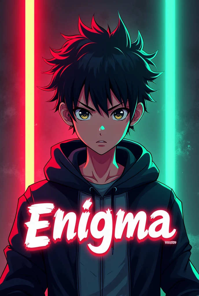 Make a log for YouTube channel of gamer.with anime character of boy and the background with neon red and green lights . Writing the name enigma in front in a
