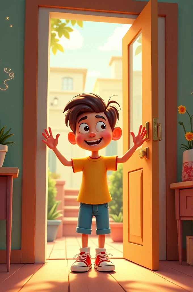 Make a cartoon of a person opening the door 