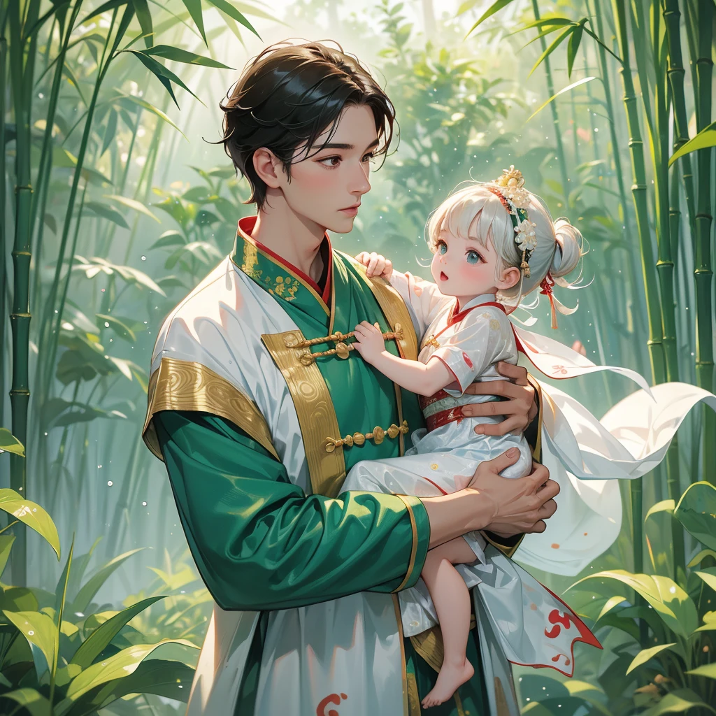A one-year-old baby boy in an ancient Chinese baby costume with his beautiful mother, dressed in an white ancient Chinese costume, playing with each other, with his handsome father standing next to his mother, close up.
The back is a lush green bamboo forest. The air after rain has water droplets splashing around.