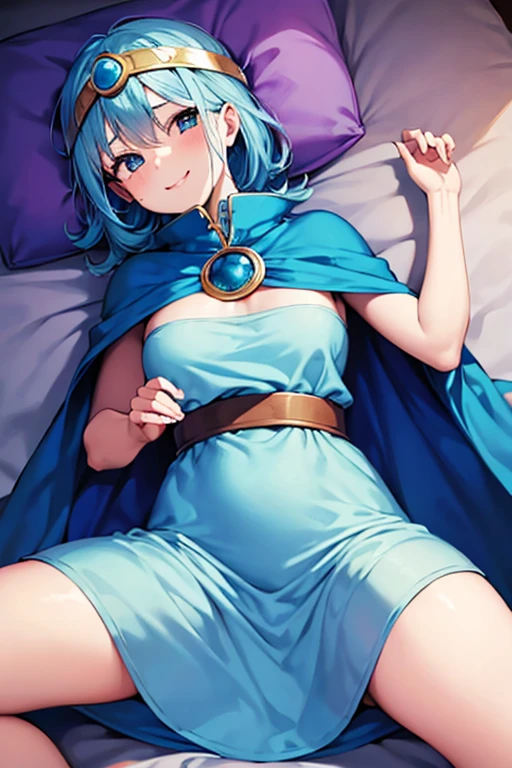 sage, dragon quest 3, １Only people, Lying in bed, Spread your legs, Blue Cape, White Dress, Blue Hair, A gold ring on his head with a red gemstone in the center, Open your mouth, smile, Looking at the viewer from the front