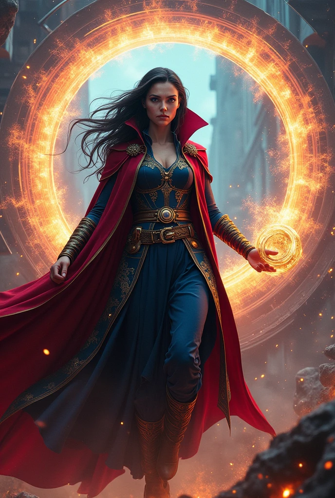 extremely detailed costume, a female version of dr. strange, black hair, pale skin, black eyes, opening Agamoto`s eye relic, traversing a portal, intricate details, high quality, photorealistic, cinematic lighting, dramatic composition, vibrant colors, surreal atmosphere, epic fantasy, digital art impressive, cinemax quality, heroic pose, floating with mantle