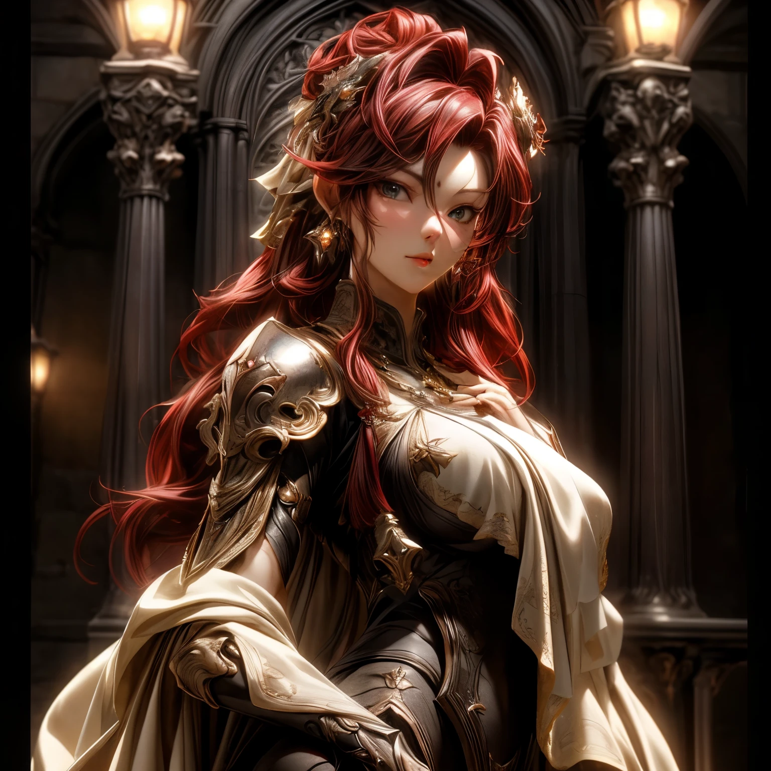 (best quality)), ((Masterpiece)), (details:1.4), 3d, HDR (high dynamic range), an image of a beautiful cyberpunk female, fantasy, Medieval, Red hair, long hair, Golden eyes, จมูกโด่ง, Hips up, ปากแดง, หน้าอกใหญ่, nvidia RTX, PBR surface, After processing, Anisotropic filtration,depth of field, Maximum clarity and clarity, multi-layered surface, Subsurface scattering, perfect proportions, 8K raw files, ultra detailed, Perfect proportions, volumetric lighting, soft lighting, Holy Paladin, Heavy Black Armor, glossy skin, intricate silver embroidery, gorgeous, chapel background, jewely, ต่างหู, นิ้วมือสมบูรณ์,
