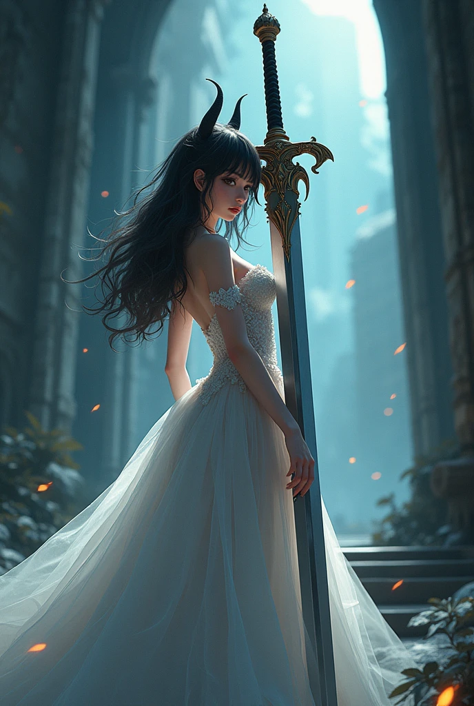 a beautiful anime style SUCUMBUS girl in bridal outfit, full body with only her image being reflected in the blade of the great sword in the midst of a hazy vampire environment