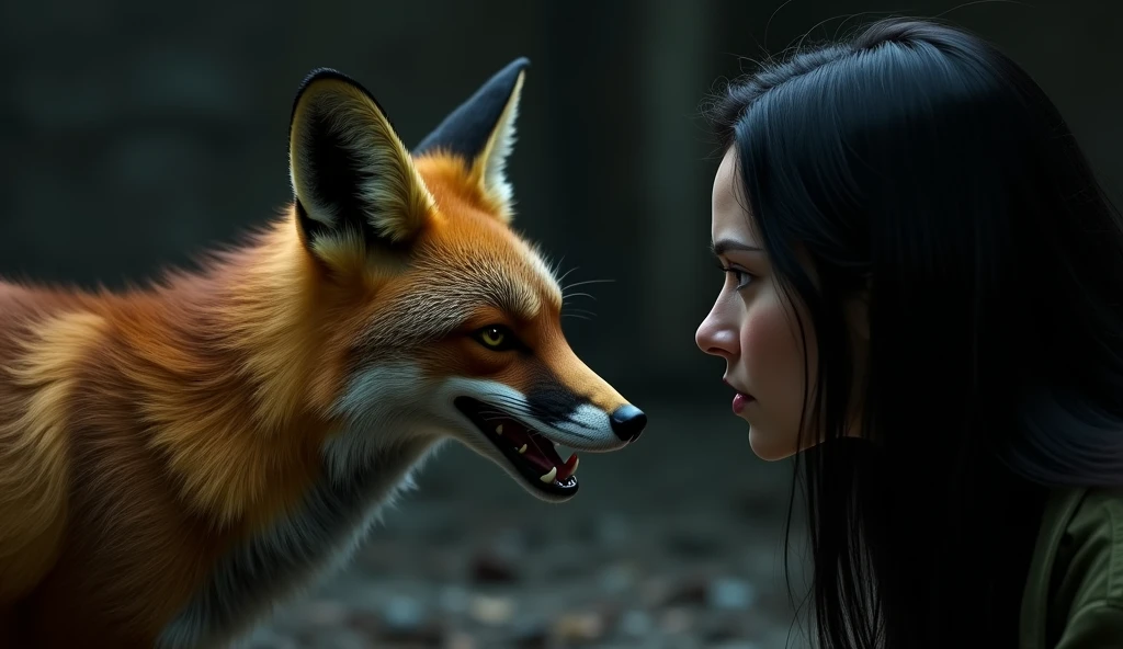 There is a shadow、Real、Ultra HD、The fox is smiling、Side view、The fox has its mouth wide open、A black-haired woman is troubled by the fox
