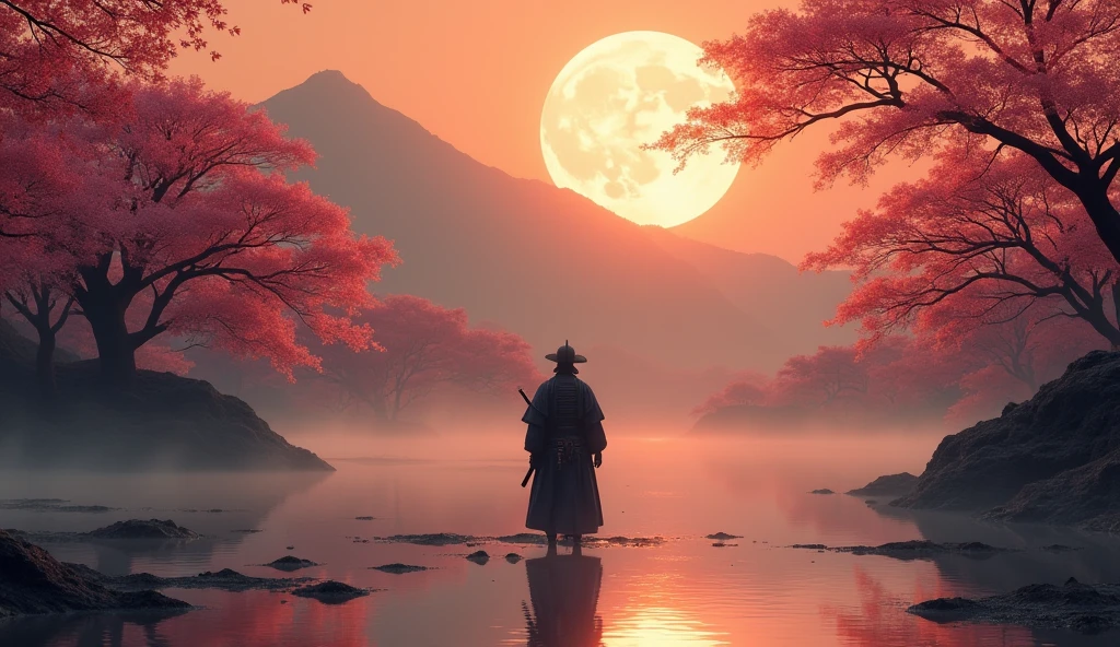 Create a serene and peaceful wallpaper for a MacBook featuring a lone samurai standing in a tranquil Japanese landscape. The scene should include a calm river reflecting the full moon, surrounded by cherry blossom trees with deep, rich petals, and mist-covered mountains in the background. The samurai, dressed in traditional armor with a katana at his side, should have a calm and meditative expression, standing still as if in harmony with nature. Use a warm color palette with deep reds, oranges, and dark browns, avoiding any overly bright or light colors, to create a soothing and atmospheric ambiance.