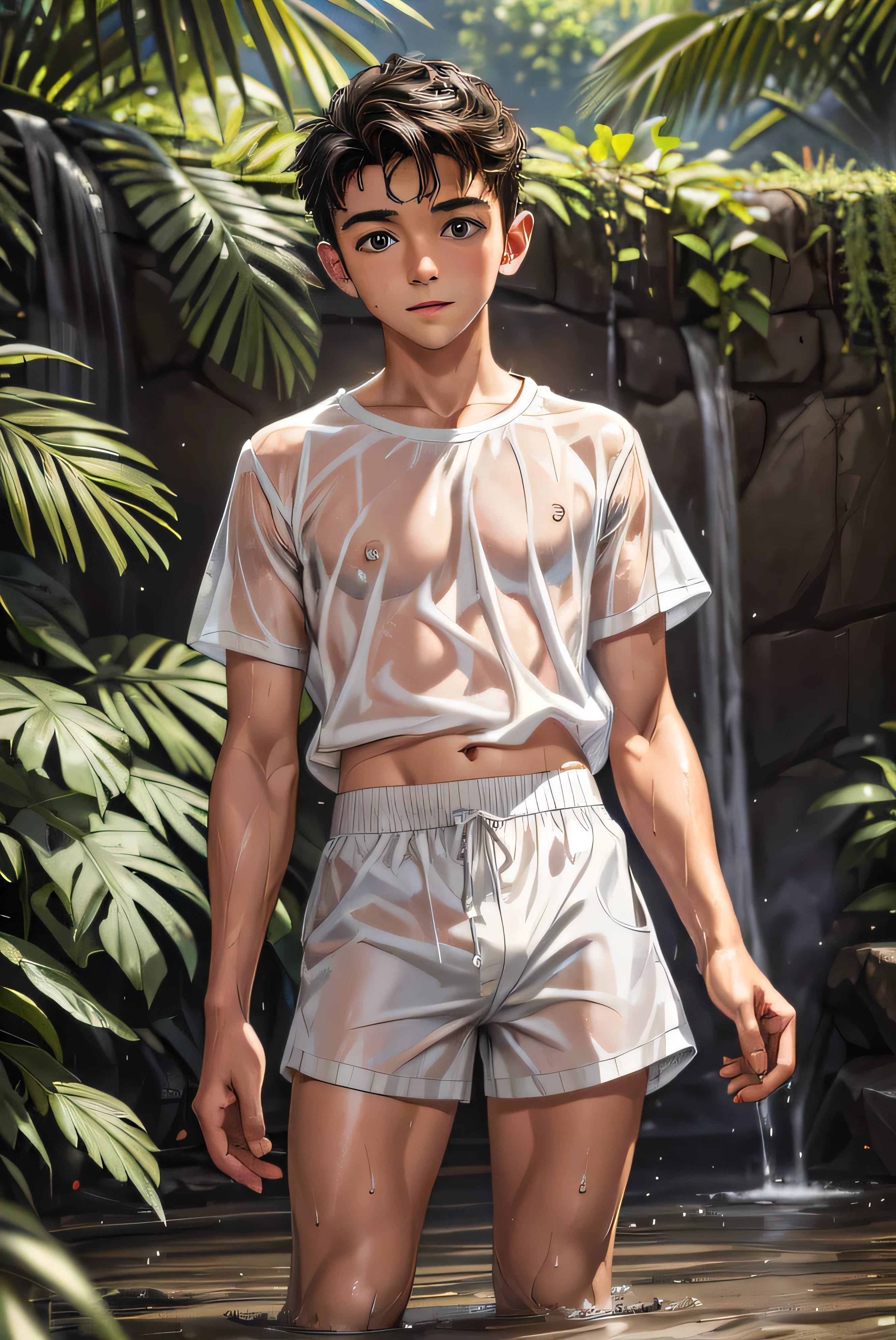 (Highest quality, masterpiece, 4K, photograph, Fine:1.4), (Very handsome young boy in soaked white short nylon shorts:1.3), garden, short stature, squirt, tomboy, A soaked white short-sleeved T-shirt and white short nylon shorts, Covering the crotch with both arms, Very handsome, His wet white nylon shorts are transparent and his underwear is clearly visible, White clothes that are wet and see-through, Footage from the knee up
