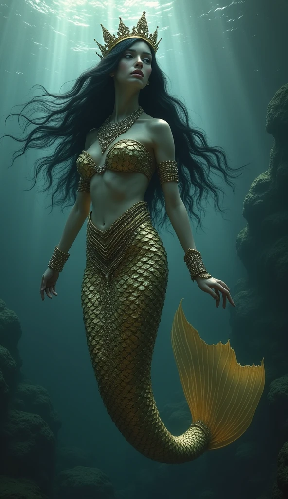 mermaid with golden tail, Asian woman, Queen of the Mermaids, Sea goddess - a mermaid with dark gray skin and long black hair., complex detailed facial features, porcelain skin, bright eyes, full lips, A slim body, fish tail. She swims in the depths of the mystical ocean.. Her long white hair sways dynamically in the ocean.. He has a crown on his head., bracelets on hands, and a massive necklace with precious stones and shells on the neck. The tail is covered with scales.. Sunlight breaks through the ocean. The goddess shines.. dramatic lighting, dramatic fantasy scene, dark gloomy atmosphere, detailed textures, very detailed, 8 K, cinematic, award winning work of art, digital painting, conceptual art, photorealistic, detailed eyes. Resolution 16k,Nikon Z9, digital photography, ultra textured leather, Realistic photography, cinematic effect, soft light, soft shadows, high quality volumetric lighting