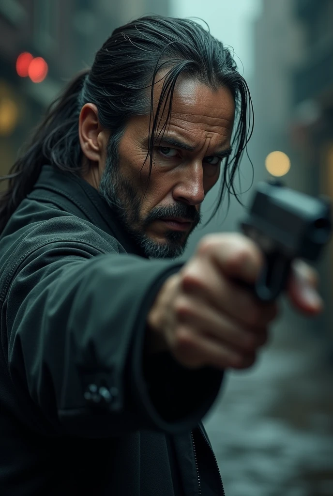 John wick older wearing a ponytail and fighting portrait