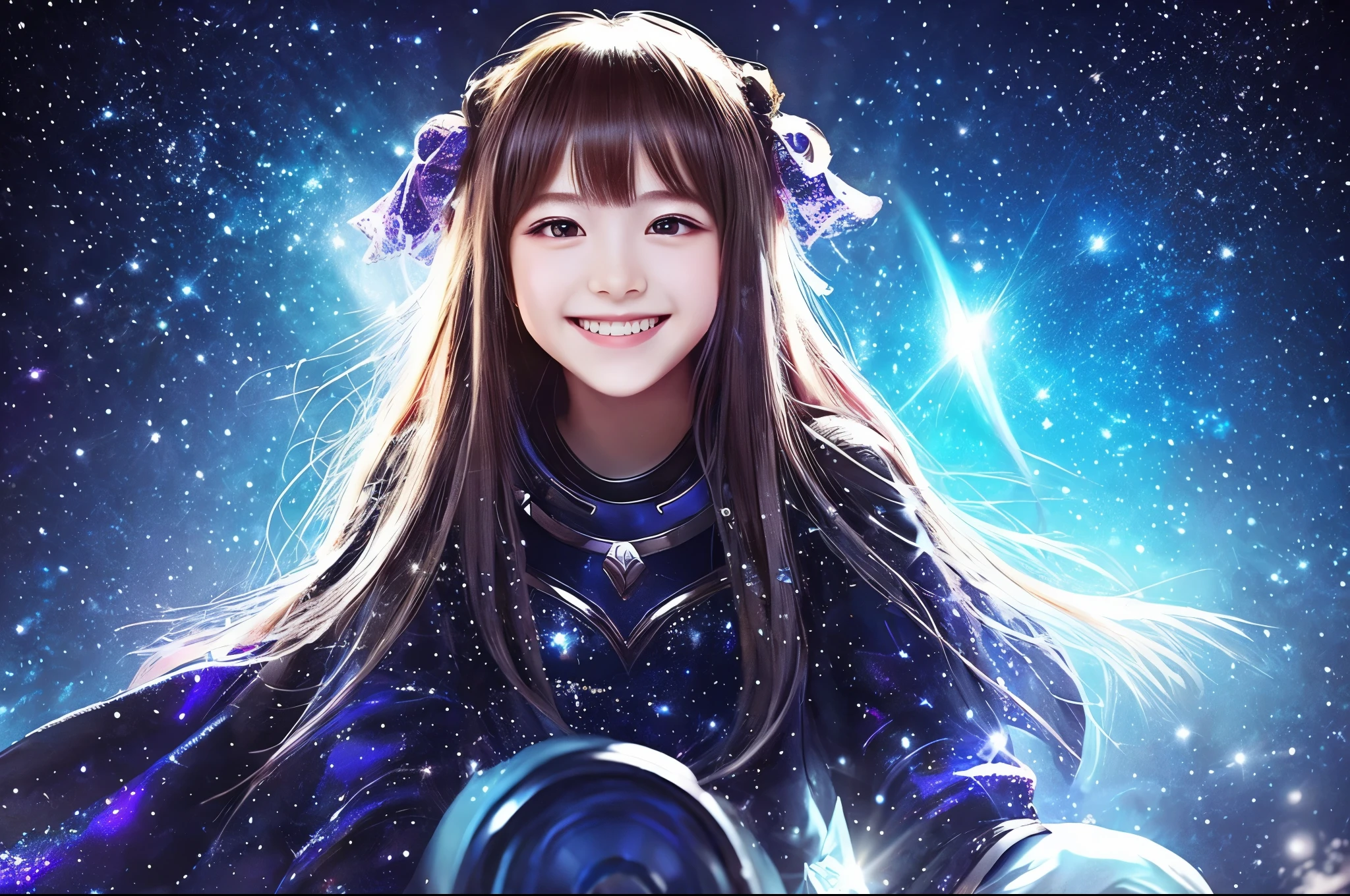 Highest quality　masterpiece　detailed　A super cute girl is sitting with a smile　The background is space　dramatic　Photo style　Fantasy