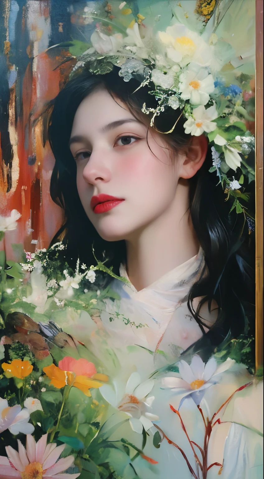 (Oil painting: 1.5),

\\

A woman with long black hair and white flowers in her hair lies in a field of white flowers, (Amy Saul: 0.248), (Stanley Ateg Liu: 0.106), (a detailed painting: 0.353), (Gothic art: 0.106) 4k highly detailed realistic ((full body including legs)) photo of beautiful 20-year-old sweaty a colorful Palette Knife Oil Painting ,animated girl with pink and blue grass,in the style of over,high contrast,tropical baroque,bio-art,light violet,cornelia parker,uhd image,botanical impressions,, best quality, masterpiece, highres, absurdres, incredibly absurdres, huge filesize, wallpaper, colorful,8K,RAW photo, Beautiful detailed girl, (oil painting:1.5), (NSFW:1.2), 1girl laying, feature, pureerosface_v1, Ambilight, slender waist, (splash, brushwork:1.5),double exposure, fussion of fluid abstract art,(original illustration composition),( fusion of limited color, maximalism artstyle, geometric artstyle) Incorporate vibrant colors, dynamic brushstrokes, and intriguing textures to capture the essence of the subject's inner world, capturing a surrealist vision, Perfect centralization, Um caozinho bonito ruivo por toda parte, Usa uma jaqueta, Standing position, beleza abstrata, Centrado, looking at the camera, Facing the camera, nearing perfection, Dynamic, luar, altamente detalhado, pintura digital, art stations, Conceito-Arte, liso, sharp focus, 8k, high-definition resolution, illustration, arte de Carne Griffiths e Wadim Kashin, fundo futurista.