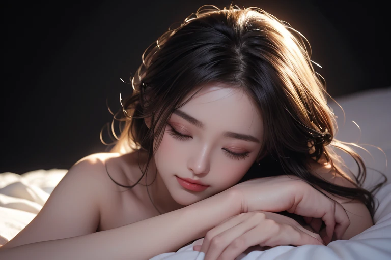 masterpiece, Highest quality, Very detailed, To the camera, 複雑に詳細なVery detailedな, Realistic, Sharp features, Very detailed, Sharp focus, Perfect Face, Perfect Face, Perfect symmetry and perfect eyes, Perfect Plump Lips, Flexible female form, Cinematic, Film Light, Very detailedな, hyper Realistic, masterpiece, Atmospheric, High resolution, Vibrant, Dynamic Studio Lighting, ((Dark Background)), Facial expressions when feeling happy, (Woman lying in bed),(Plump butt),Realistic、Perfect body、(Woman sleeping face down)、(Eyes closed, sleeping expression)、whole body
