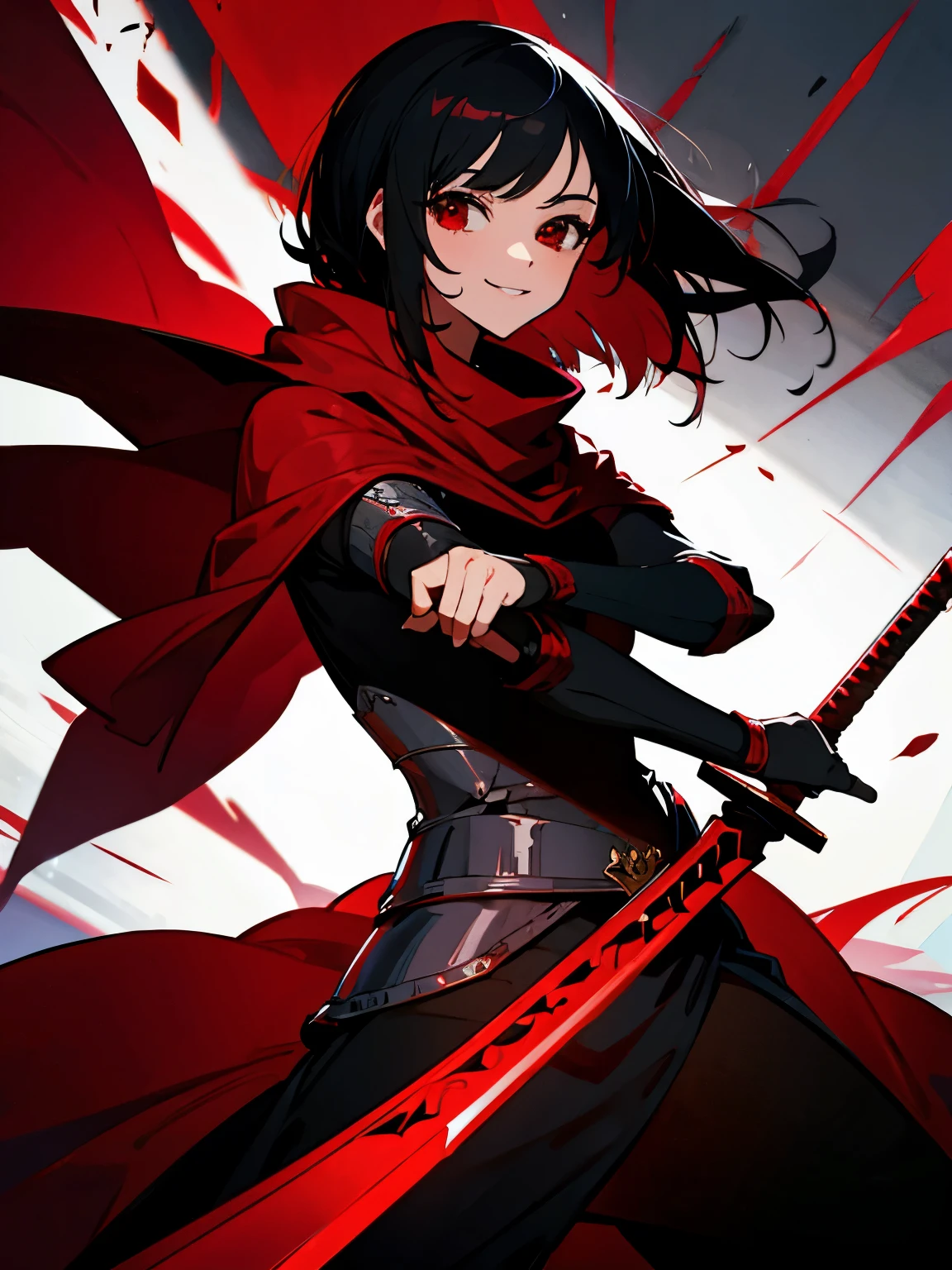 Knight Rohit, black hair, red eyes, cool, red shawl, smile, black iron armor, holding a red sword, woman behind.