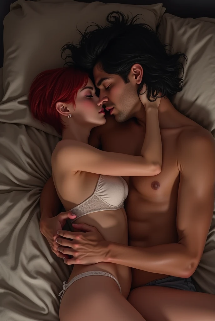 A white girl, with very short red hair, brown eyes. Spend a passionate night in the bed with a boy of medium height, black hair and very long hair. slim body build