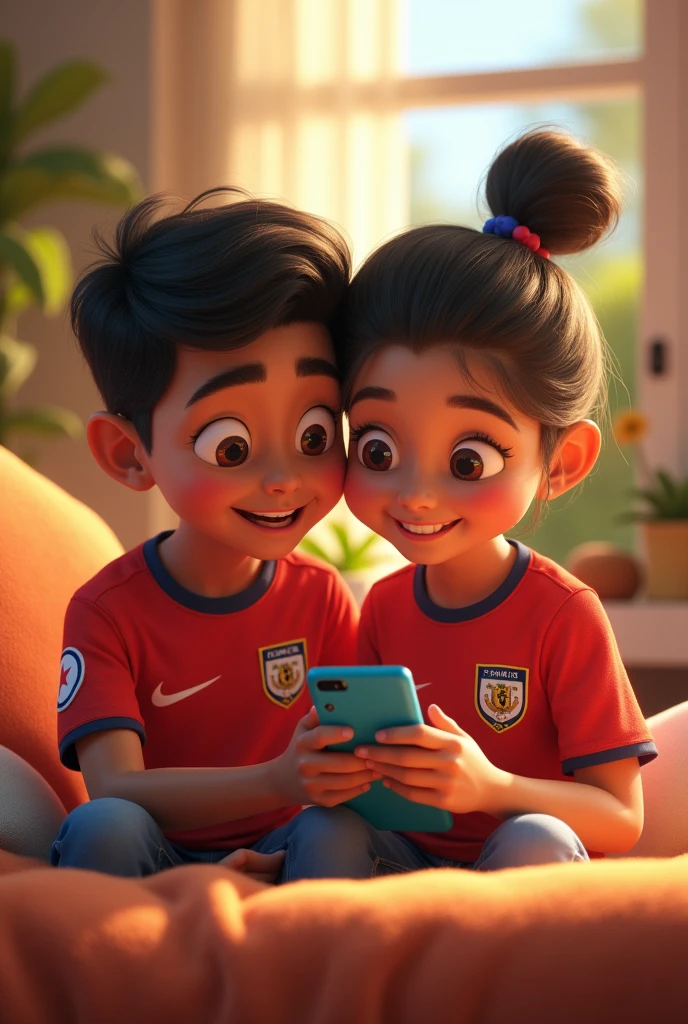 Create animation character 30 years old. Boy and his sister useing Mobile phone . His Jersey  name Tanvir and her jersey name Lamisa.