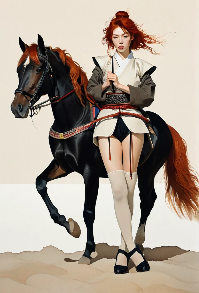 Full body, redhead Japanese female Samurai with horse, slim young, sensual warm dreams, minimalism, Vogue poster style, young slim, hug saint horse, high quality, surreal, long perfect legs,by Egon Schiele style. concept high details --ar 9:16 --sref 21458 35761 --personalize ahxd93i --stylize 300 --v 6.1