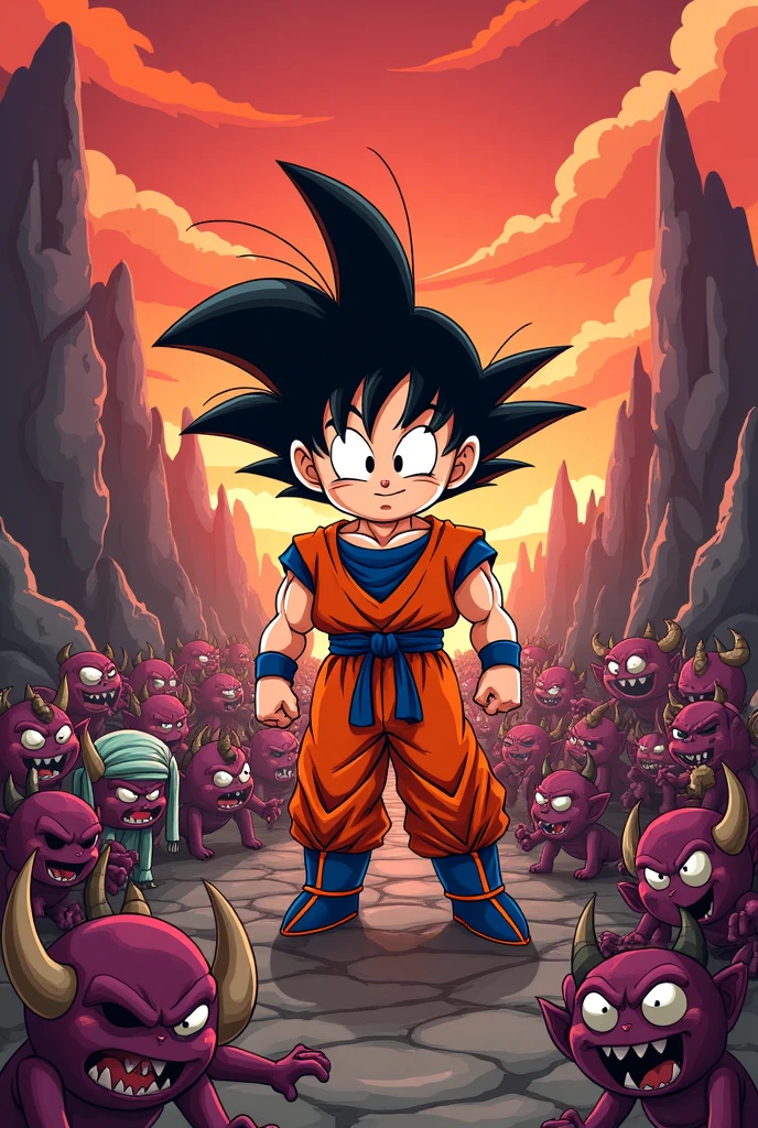 Cartoon of Goku in hell with the children and demons tormenting them