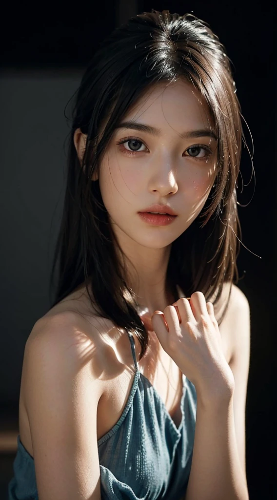 masterpiece,best quality,realisic skin details,portrait,upper body,cute girl,looking directly to the viewer,asian,pale skin,beautiful,simple background,looking at viewer,nude, haerin, NSFW