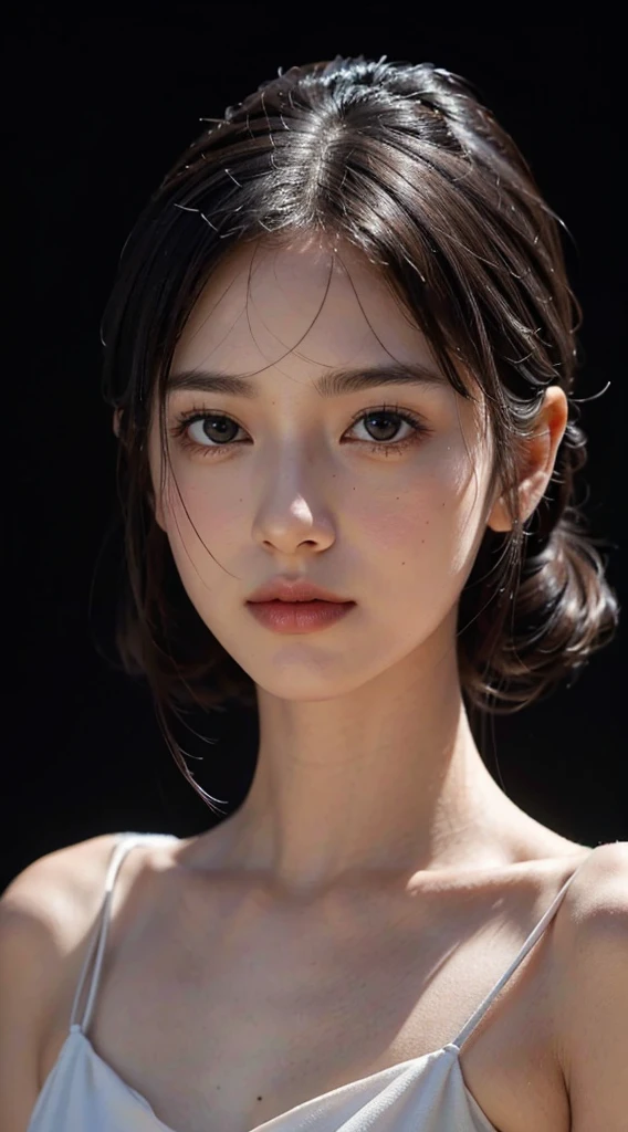 (masterpiece), realistic, (portrait of a girl), beautiful face, sunlight, cinematic light, bangs, a beautiful woman, beautiful eyes, black hair, perfect anatomy, very cute, princess eyes , (black eyes) , (frame the head), Centered image, stylized, bioluminescence, 8 life size,8k Resolution, white low-cut dress with small blue details, human hands, wonder full, elegant, approaching perfection, dynamic, highly detailed, character sheet, concept art, smooth, facing directly at the viewer positioned so that their body is symmetrical and balanced, stunningly beautiful teenage girl, detailed hairstyle,