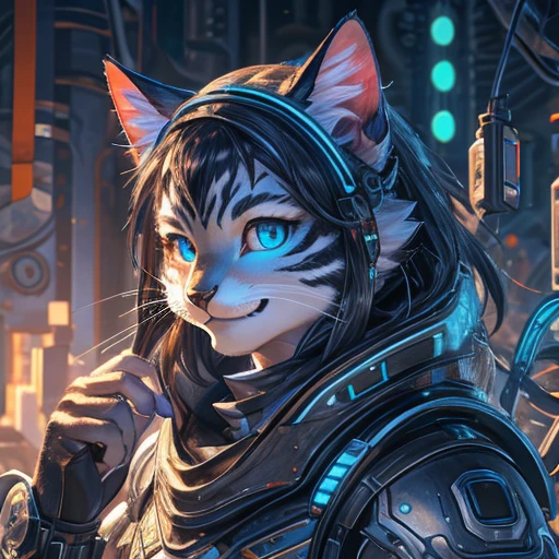 Cat Beastman、(サードアイのgirl)、(cyber punk)、Highest quality、masterpiece、Ultra-high resolution、(Realistic:1.4)、Crisp and beautiful image quality、alone、girl、Forehead jewel、Machinery Armor、cat ears 、Third Eye、Fearless Smile