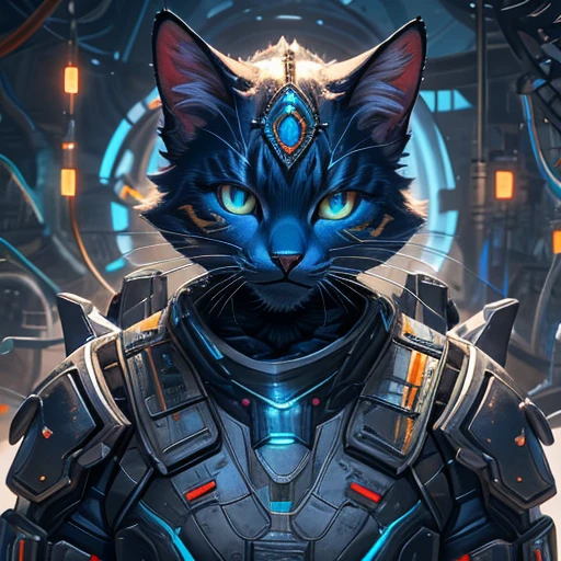 Cat Beastman、(サードアイのgirl)、(cyber punk)、Highest quality、masterpiece、Ultra-high resolution、(Realistic:1.4)、Crisp and beautiful image quality、alone、girl、Forehead jewel、Machinery Armor、cat ears 、Third Eye、Fearless Smile
