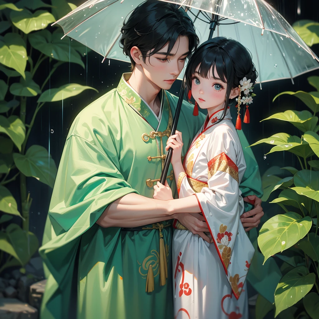 A one-year-old baby boy in an ancient Chinese baby costume with his beautiful mother, dressed in an white ancient Chinese costume, playing with each other, with his handsome father standing next to his mother, close up.
Stand holding an umbrella to protect from the rain. Rain fell and splashed around. There are water droplets falling on the leaves in the surrounding area, green and moist, the atmosphere after rain.