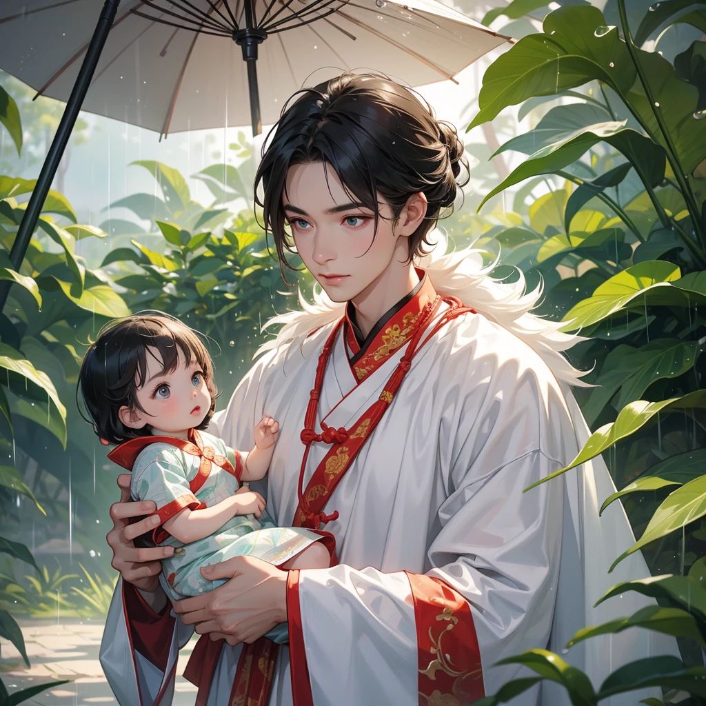A baby boy in an ancient Chinese baby costume with his beautiful mother, dressed in an white ancient Chinese costume, playing with each other, with his handsome father standing next to his mother, close up.
Stand holding an umbrella to protect from the rain. Rain fell and splashed around. There are water droplets falling on the leaves in the surrounding area, green and moist, the atmosphere after rain.