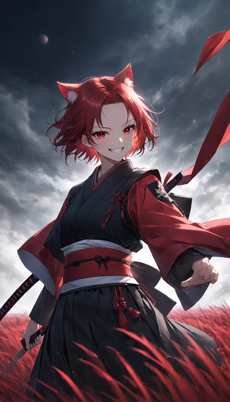 high resolution。Beautiful Face。cowboy shot。A woman in scarlet ronin clothing。Samurai Pose。Beautiful feet。Messy red short hair。forehead。Cat ear。Cat Eyes。 Crimson silver grass field。A world of thick fog,。Red Eyes。clothes are blowing in the wind。Grin。Holding the sword at his waist。alone。Japan。black sun。Red Sky。Chiaroscuro,