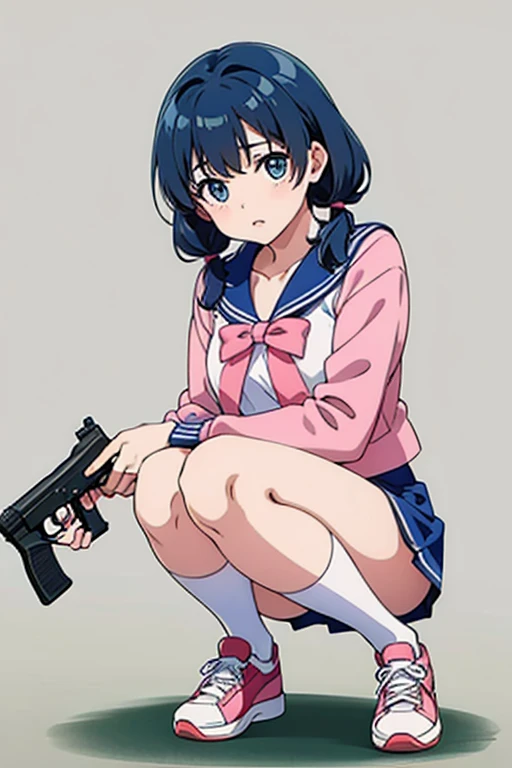 Highest quality、Ultra HD、One Woman、(Blue hair twintails 1.3)、(Pink Sailor Suit 1.3)、(Pink ribbon)、(White sneakers 1.1)、((Baby Face))、((With a gun in each hand.5))、(Japanese Idol Face 1.2)、(White knee-high socks 1.2)、thin、Small breasts、(Daytime city background 1.2)、((Clear and beautiful touch))、(2 Asian woman)