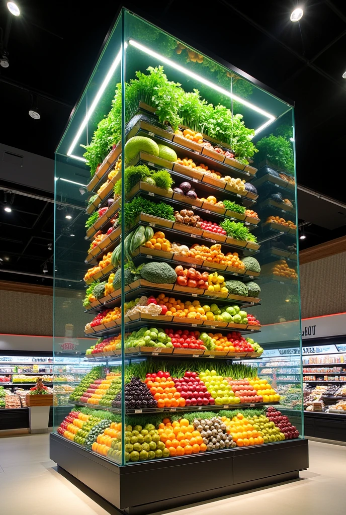 A vegetable display case inside a supermarket, front top view, 20 meters high