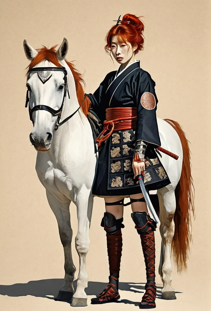 Full body, redhead Japanese female Samurai with horse, slim young, sensual warm dreams, minimalism, Vogue poster style, young slim, hug saint horse, high quality, surreal, long perfect legs,by Egon Schiele style. concept high details --ar 9:16 --sref 21458 35761 --personalize ahxd93i --stylize 300 --v 6.1