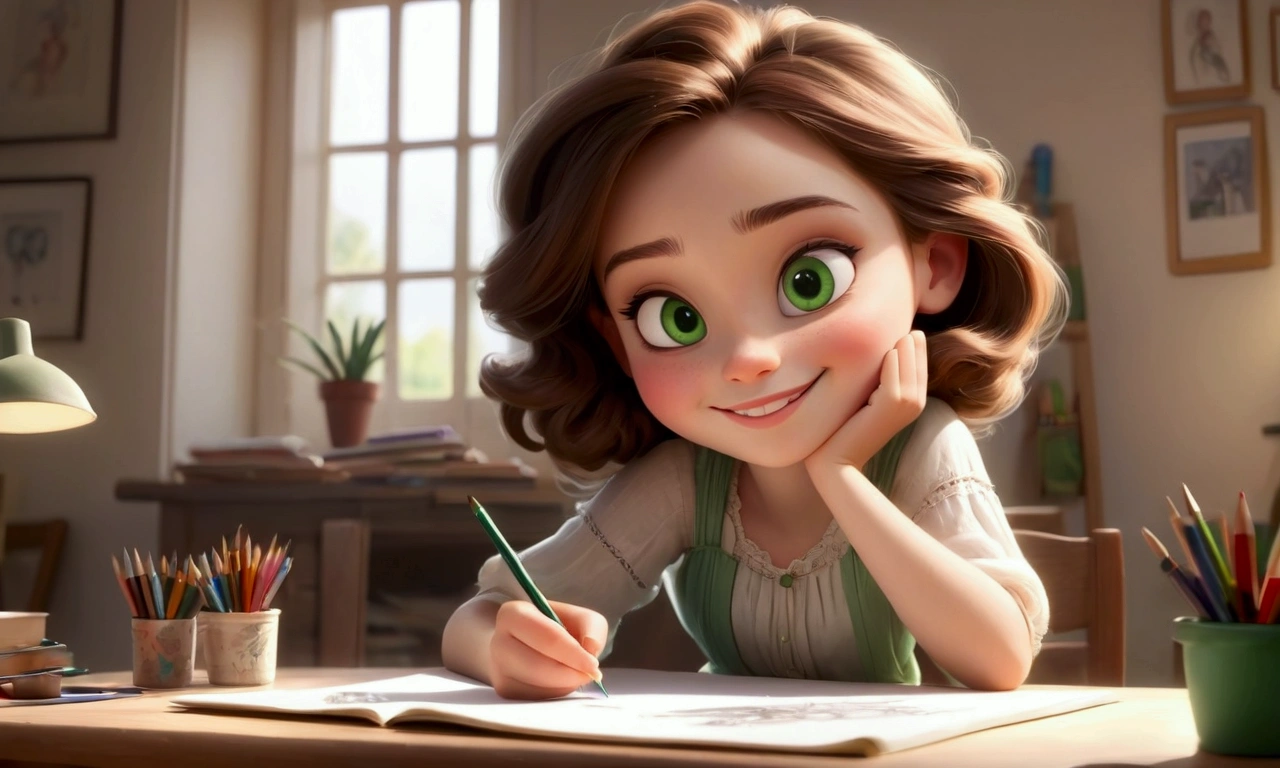 a beautiful smiling dreaming young girl, on her desk sketching and making arts, beatiful european face, green eyes, white skin, long skirt, Pixar style.