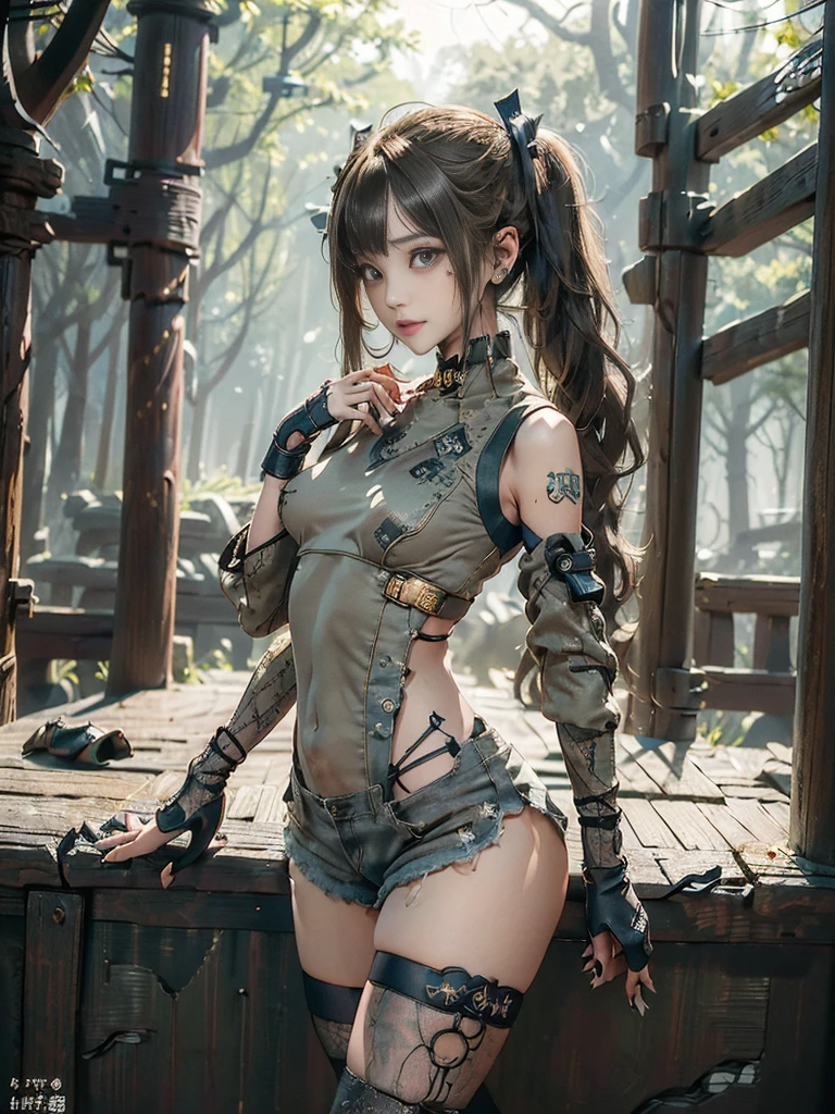 (Full Body View:1.4)、(Side view:1.2)、(Please smile with your teeth showing:1.4),(Shibuya Gal:1.5)、(Goth Style Fashion:1.5)、(Tattered khaki and gray futuristic micro high leg bodysuit:1.5)、(Tattered Khaki and Beige Micro Fancy Sleeves:1.5)、(Tattered khaki micro shorts:1.5)、(Brown and khaki knee socks:1.3)、(camouflage:1.3)、(Military jacket:1.4)、Brown boots、Khaki gloves、internal、(underwear is small:1.4)、2、(Posing as a gravure model:1.3)、((Highest quality、8k、masterpiece:1.3))、One person、The beauty of slim abs:1.3、(Hairstyle Casual、Big Tits:1.1)、dress:1.1、Super small face、Narrow eyes、double eyelid、Laughter、Esbian all over body、Dynamic Angle、Close-up、CPL Filter、Blurred Background、Bokeh、Blue Hour、Detailed face and skin texture、Detailed Eyes,(Twin tails:1.3)、(Golden brown hair:1.4)、Gravure idol pose、(Background: Beautiful ancient palace in the deep forest:1.3)、(The body is slim:1.2),(Slim legs:1.4),(clavicle:1.1)