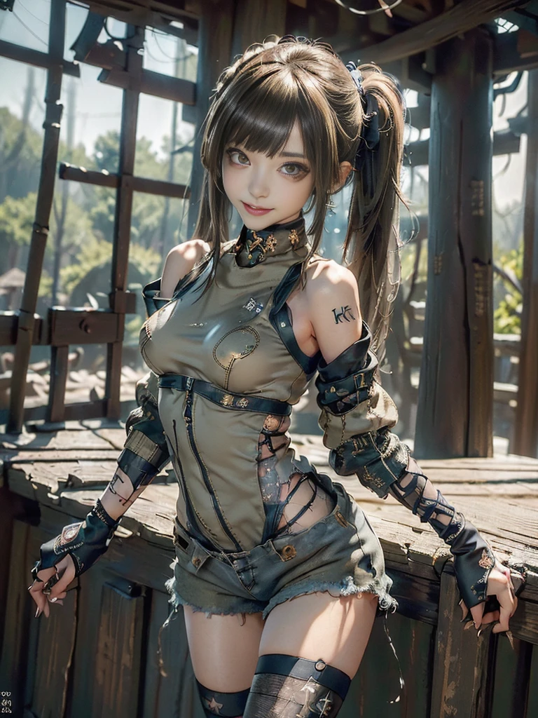 (Full Body View:1.4)、(Side view:1.2)、(Please smile with your teeth showing:1.4),(Shibuya Gal:1.5)、(Goth Style Fashion:1.5)、(Tattered khaki and gray futuristic micro high leg bodysuit:1.5)、(Tattered Khaki and Beige Micro Fancy Sleeves:1.5)、(Tattered khaki micro shorts:1.5)、(Brown and khaki knee socks:1.3)、(camouflage:1.3)、(Military jacket:1.4)、Brown boots、Khaki gloves、internal、(underwear is small:1.4)、2、(Posing as a gravure model:1.3)、((Highest quality、8k、masterpiece:1.3))、One person、The beauty of slim abs:1.3、(Hairstyle Casual、Big Tits:1.1)、dress:1.1、Super small face、Narrow eyes、double eyelid、Laughter、Esbian all over body、Dynamic Angle、Close-up、CPL Filter、Blurred Background、Bokeh、Blue Hour、Detailed face and skin texture、Detailed Eyes,(Twin tails:1.3)、(Golden brown hair:1.4)、Gravure idol pose、(Background: Beautiful ancient palace in the deep forest:1.3)、(The body is slim:1.2),(Slim legs:1.4),(clavicle:1.1)
