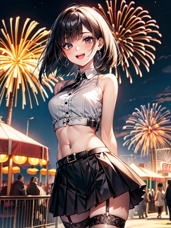 ((masterpiece, Highest quality, Very detailed)), anime CG,
One girl, 20 years old, full makeup, black hair, bob cut, swept bangs, BREAK ((black eyes)), droopy eyes, thick thighs, medium breasts,
((lots of pierced earrings, silver chain necklace, silver bracelet)),
((bare belly button, belly piercing)),
BREAK looking at viewer, cowboy shot, smile, ((open mouth)),
arms behind back,
BREAK ((white sleeveless cropped dress shirt)), ((black tie)), ((black pleated mini skirt with belt)), ((black laced garter stockings)),
BREAK night scene, starry sky, brightly lit amusement park, colorful parade, twinkling lights, ferris wheel, roller coaster silhouettes, festive atmosphere, magical illumination, crowded pathways, fireworks in distance, full moon, glowing carousel, cotton candy stands, excited visitors, whimsical decorations, sparkling fountains,