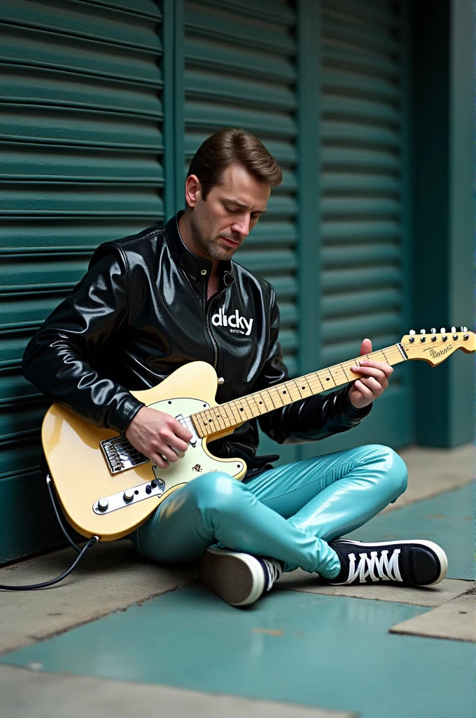 A man 30 years old seated on the ground, playing an electric guitar. He wears a shiny black latex rubber jacket with the word 'Dicky' printed on it, shiny light-blue latex pants, and shiny black and white latex sneakers. The guitar he holds is predominantly beige with a star design on its body. he is positioned against a backdrop of dark-Green wooden shutters. The ground appears to be made of painted concrete, and there's a cable connected to the guitar's input jack., photo, architecture