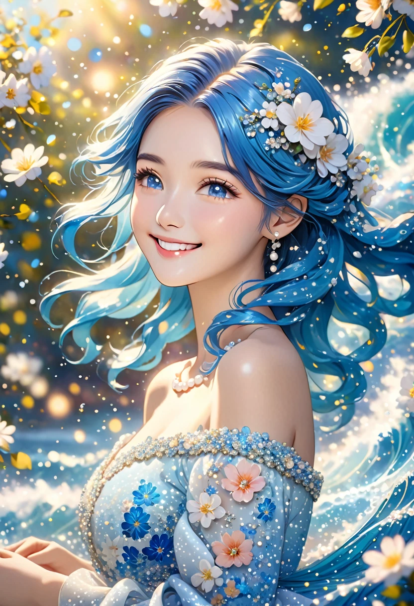 The image features a person with long, vibrant blue hair cascading in waves. Their hair is adorned with small white flowers and decorative pearls. They are wearing a light-colored, off-shoulder dress with a floral and sequin pattern. The background is a soft, out-of-focus array of light particles, giving the scene a dreamy atmosphere.smile 