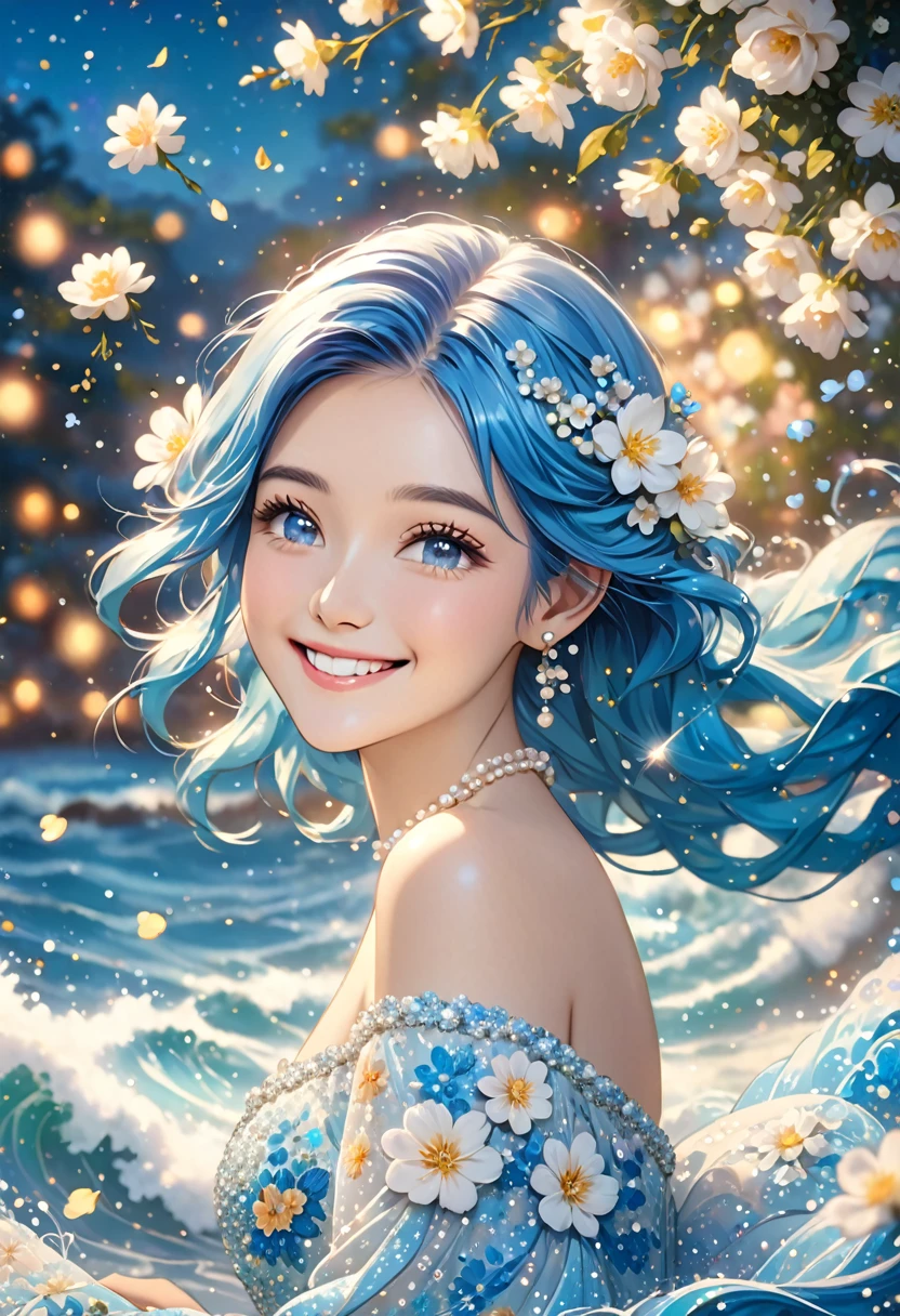 The image features a person with long, vibrant blue hair cascading in waves. Their hair is adorned with small white flowers and decorative pearls. They are wearing a light-colored, off-shoulder dress with a floral and sequin pattern. The background is a soft, out-of-focus array of light particles, giving the scene a dreamy atmosphere.smile