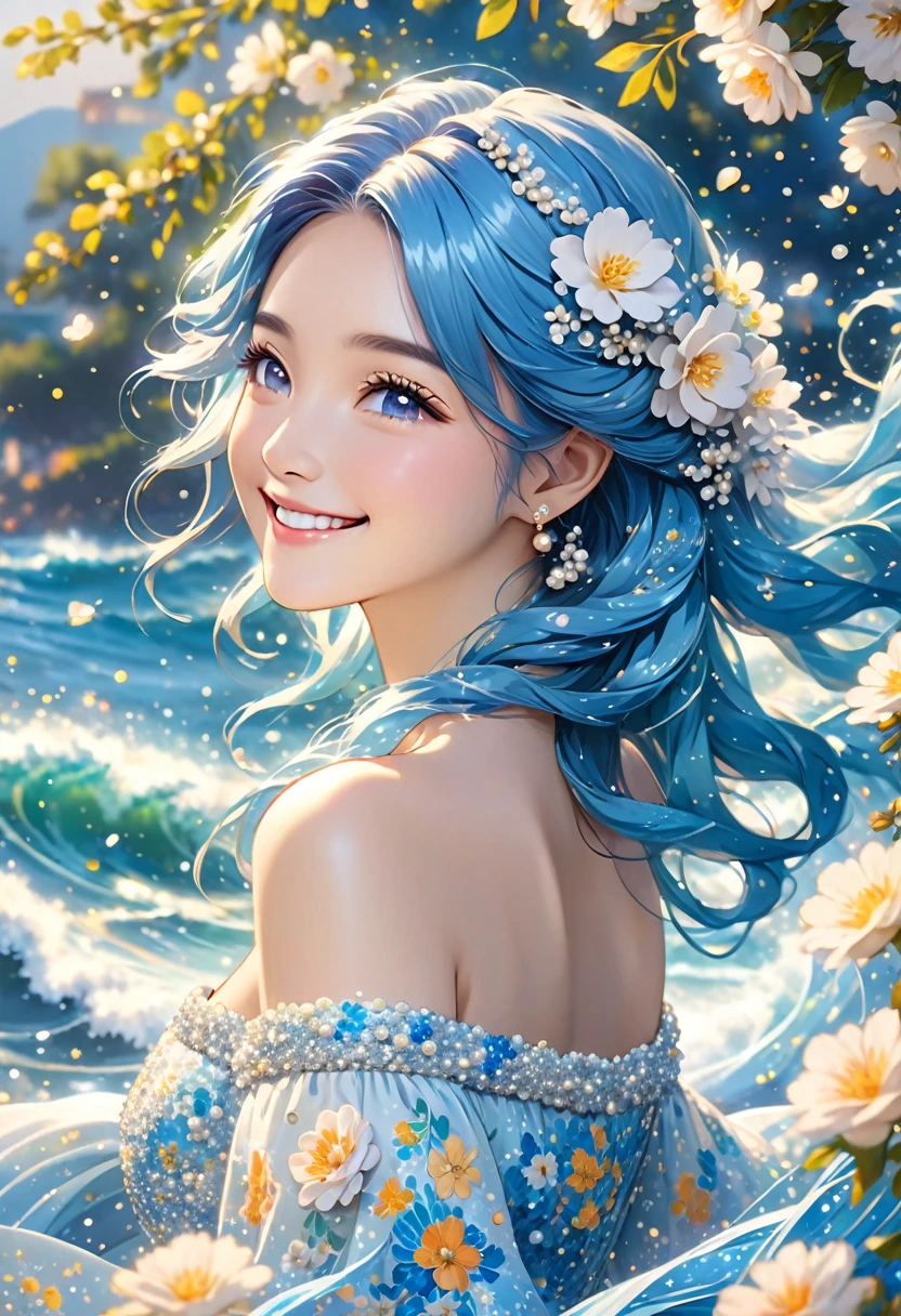 The image features a person with long, vibrant blue hair cascading in waves. Their hair is adorned with small white flowers and decorative pearls. They are wearing a light-colored, off-shoulder dress with a floral and sequin pattern. The background is a soft, out-of-focus array of light particles, giving the scene a dreamy atmosphere.smile 