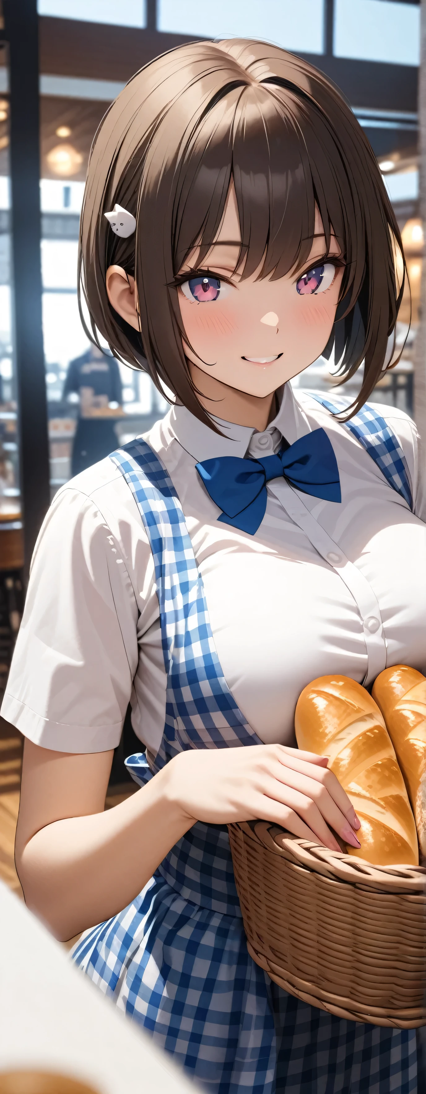 (Beauty: 1.3),One person,masterpiece, Highest quality, Ultra-high resolution,Rich contrast,super high quality,8k,Highly detailed CG unit wallpaper,texture,Unbelievably absurd,Ultra-high resolution,RAW Photos,Depth of Field 1.2,crew, blue bow, blue bowtie, white shirt, short sleeves, blue skirt, blue apron, gingham apron, employee uniform, high-waist skirt, waitress,(Brown Hair,Sharp bob,Berry Short),happy,Very fine eye,bigeyes,looking pleasured, (Perfect hands, Perfect Anatomy),Glowing Skin,Cute cat hairpin,restaurant,Walking briskly with a basket of bread,Large Breasts,(close up:1.3),smile,Skipping